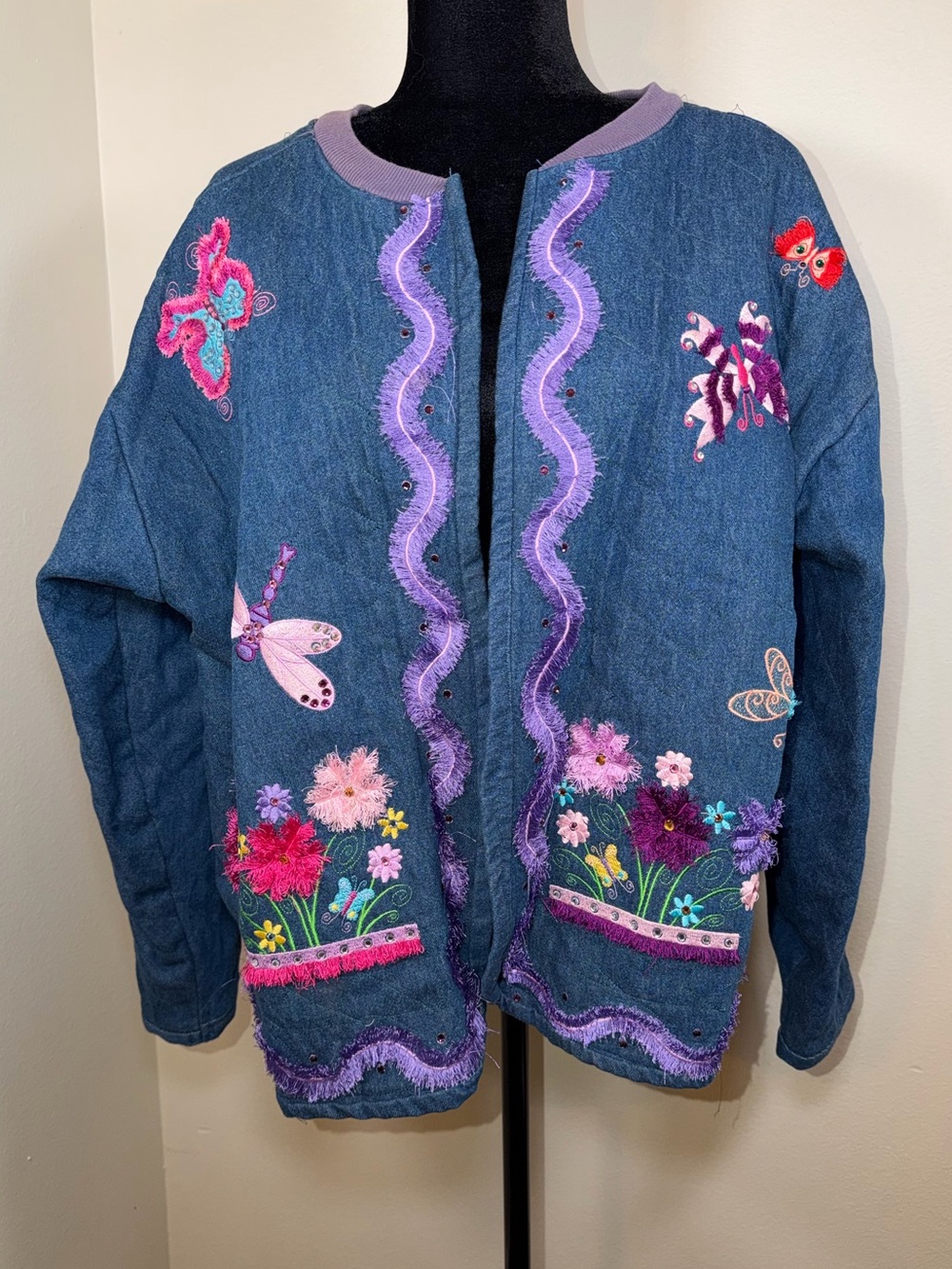 Vintage Y2K Embroidered Butterfly Sequins Denim Bomber Jacket Colorful